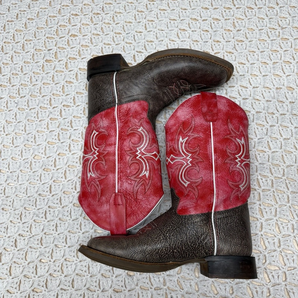 Old West Red Leather Broad Square Toe Boot Kids Boys Size 4 D Red Brown BSY1913 - Picture 9 of 11